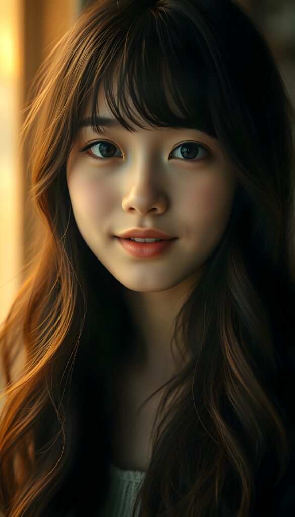 A young Asian girl with long, wavy black hair and brown highlights, porcelain skin, and striking black eyes that sparkle under soft, warm lighting. She gazes directly at the viewer with a gentle, knowing expression, blending innocence and quiet confidence. Her full, rosy lips hint at a subtle smile, and her white teeth are dazzling. The composition is balanced, with the girl's face centered. Warm light and colors.