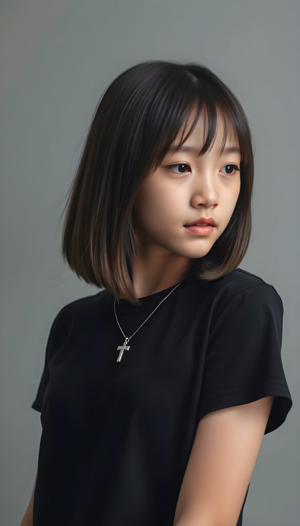 A young Asian teenage girl with straight, silky black hair and brown highlights same length right and left, bob cut, styled elegantly over her shoulders, is in a photo studio. She wears a black, t-shirt, emphasizing her feminine form. A silver necklace with a cross adorns her neck. The grey backdrop creates a minimalist setting, ensuring the focus remains on her. Soft, diffused lighting highlights her features, enhancing the serene and timeless atmosphere. Her gentle expression conveys innocence and tranquility.