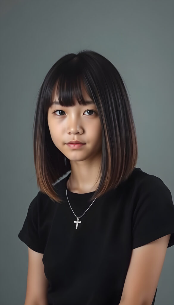A young Asian teenage girl with straight, silky black hair and brown highlights same length right and left, bob cut, styled elegantly over her shoulders, is in a photo studio. She wears a black, t-shirt, emphasizing her feminine form. A silver necklace with a cross adorns her neck. The grey backdrop creates a minimalist setting, ensuring the focus remains on her. Soft, diffused lighting highlights her features, enhancing the serene and timeless atmosphere. Her gentle expression conveys innocence and tranquility.