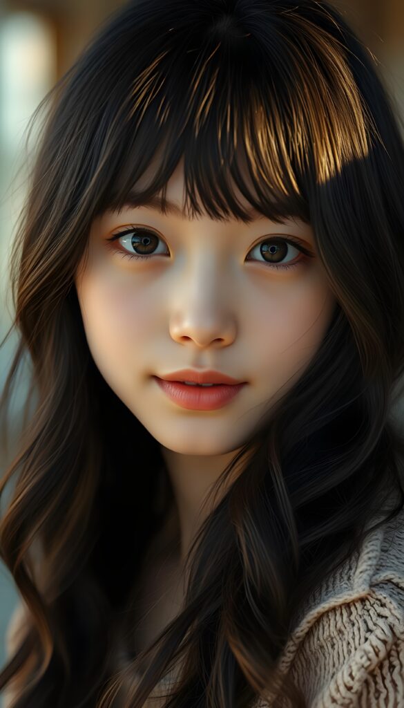 A young Asian girl with long, wavy black hair and brown highlights, porcelain skin, and striking black eyes that sparkle under soft, warm lighting. She gazes directly at the viewer with a gentle, knowing expression, blending innocence and quiet confidence. Her full, rosy lips hint at a subtle smile, and her white teeth are dazzling. The composition is balanced, with the girl's face centered. Warm light and colors.
