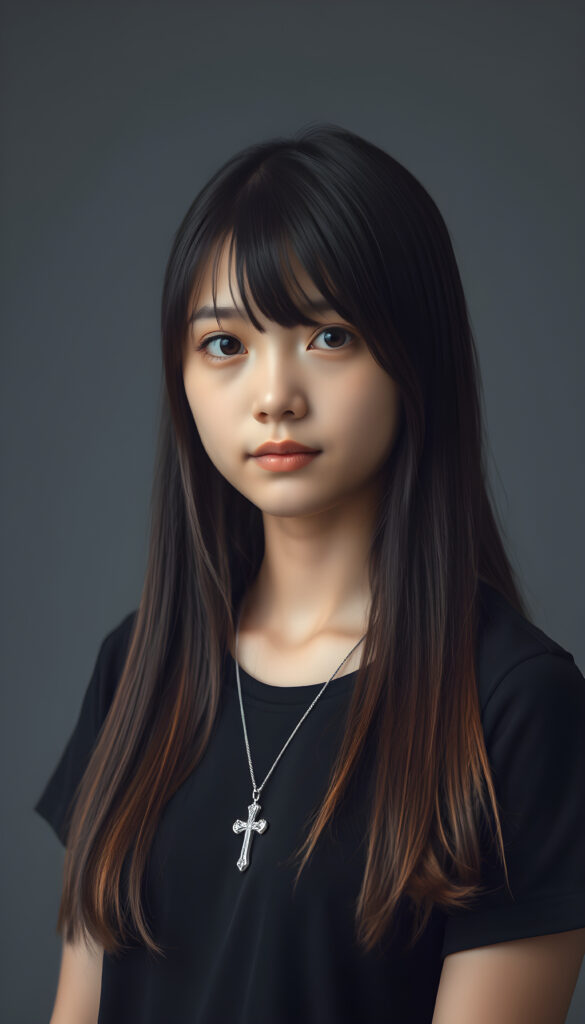A young Asian teenage girl with straight, silky super long black hair and brown highlights same length right and left, styled elegantly over her shoulders, is in a photo studio. She wears a black, t-shirt, emphasizing her feminine form. A silver necklace with a cross adorns her neck. The grey backdrop creates a minimalist setting, ensuring the focus remains on her. Soft, diffused lighting highlights her features, enhancing the serene and timeless atmosphere. Her gentle expression conveys innocence and tranquility.