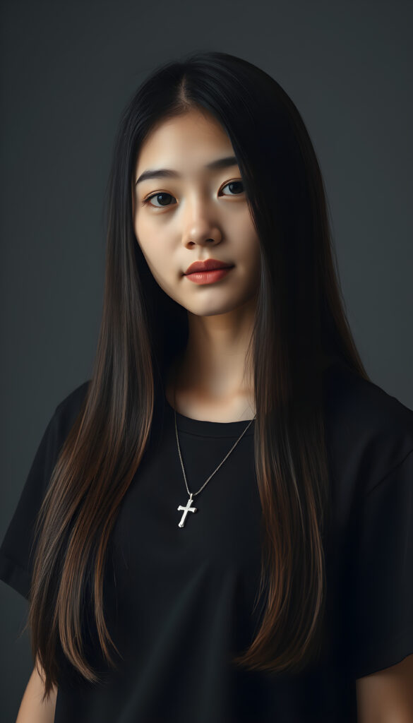 A young Asian teenage girl with straight, silky super long black hair and brown highlights same length right and left, styled elegantly over her shoulders, is in a photo studio. She wears a black, t-shirt, emphasizing her feminine form. A silver necklace with a cross adorns her neck. The grey backdrop creates a minimalist setting, ensuring the focus remains on her. Soft, diffused lighting highlights her features, enhancing the serene and timeless atmosphere. Her gentle expression conveys innocence and tranquility.