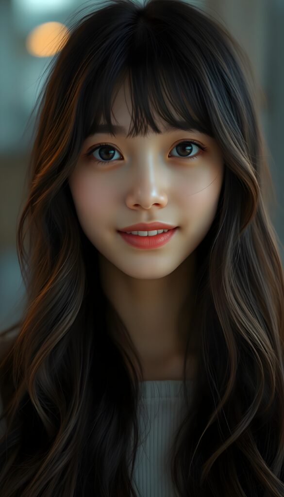A young Asian girl with long, wavy black hair and brown highlights, porcelain skin, and striking black eyes that sparkle under soft, warm lighting. She gazes directly at the viewer with a gentle, knowing expression, blending innocence and quiet confidence. Her full, rosy lips hint at a subtle smile, and her white teeth are dazzling. The composition is balanced, with the girl's face centered. Warm light and colors.