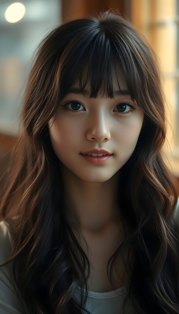 A young Asian girl with long, wavy black hair and brown highlights, porcelain skin, and striking black eyes that sparkle under soft, warm lighting. She gazes directly at the viewer with a gentle, knowing expression, blending innocence and quiet confidence. Her full, rosy lips hint at a subtle smile, and her white teeth are dazzling. The composition is balanced, with the girl's face centered. Warm light and colors.