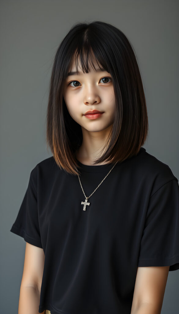 A young Asian teenage girl with straight, silky black hair and brown highlights same length right and left, bob cut, styled elegantly over her shoulders, is in a photo studio. She wears a black, t-shirt, emphasizing her feminine form. A silver necklace with a cross adorns her neck. The grey backdrop creates a minimalist setting, ensuring the focus remains on her. Soft, diffused lighting highlights her features, enhancing the serene and timeless atmosphere. Her gentle expression conveys innocence and tranquility.
