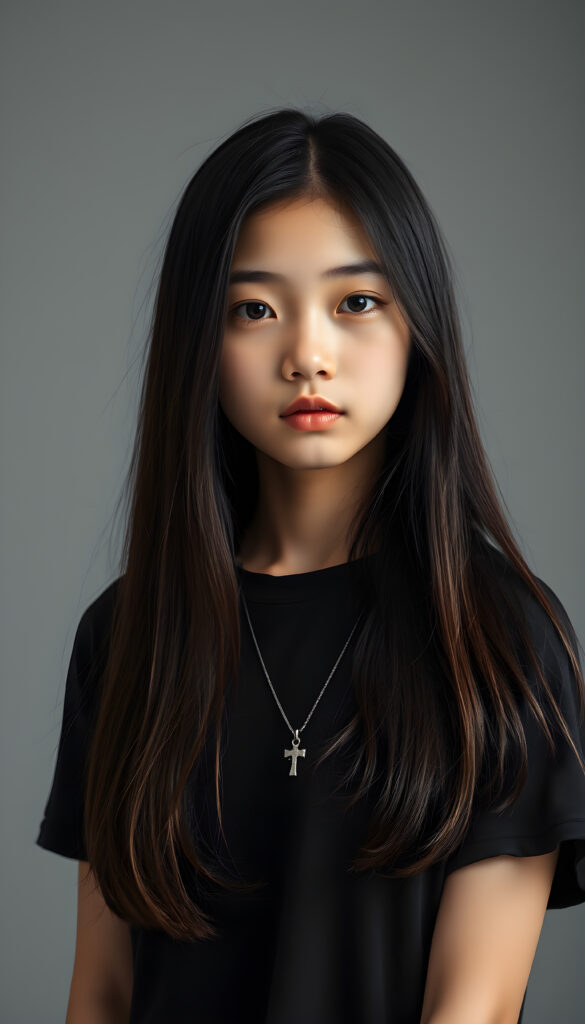 A young Asian teenage girl with straight, silky super long black hair and brown highlights same length right and left, styled elegantly over her shoulders, is in a photo studio. She wears a black, t-shirt, emphasizing her feminine form. A silver necklace with a cross adorns her neck. The grey backdrop creates a minimalist setting, ensuring the focus remains on her. Soft, diffused lighting highlights her features, enhancing the serene and timeless atmosphere. Her gentle expression conveys innocence and tranquility.