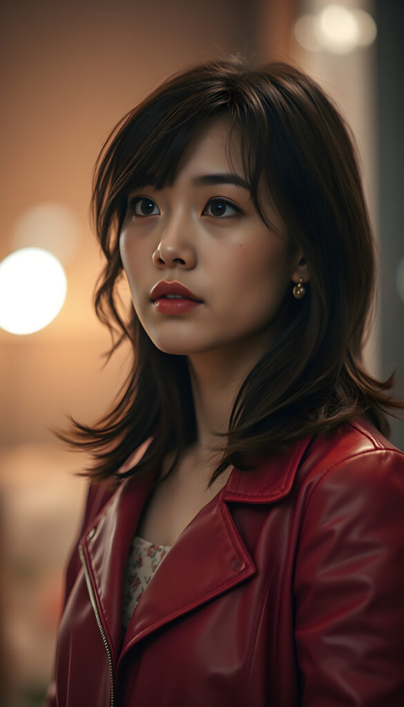 A young East Asian woman with shoulder-length dark brown hair, styled in loose waves, frames her face with a gentle fringe. Her full, plump lips and bright blue eyes sparkle under soft, ambient lighting. She wears a stylish, thin red leather jacket. Her freckles dot her cheeks, adding a touch of whimsy. She gazes to the side, her expression serene and contemplative. The background fades into a blurred, warm-toned bokeh, enhancing the focus on her striking features. Her attire contrasts beautifully with a subtle, floral patterned dress peeking out from beneath the jacket, adding a touch of elegance.