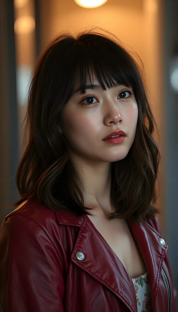 A young East Asian woman with shoulder-length dark brown hair, styled in loose waves, frames her face with a gentle fringe. Her full, plump lips and bright blue eyes sparkle under soft, ambient lighting. She wears a stylish, thin red leather jacket. Her freckles dot her cheeks, adding a touch of whimsy. She gazes to the side, her expression serene and contemplative. The background fades into a blurred, warm-toned bokeh, enhancing the focus on her striking features. Her attire contrasts beautifully with a subtle, floral patterned dress peeking out from beneath the jacket, adding a touch of elegance.