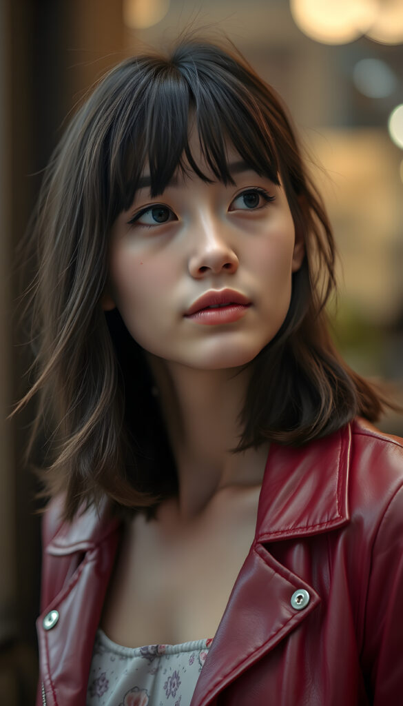 A young East Asian woman with shoulder-length dark brown hair, styled in loose waves, frames her face with a gentle fringe. Her full, plump lips and bright blue eyes sparkle under soft, ambient lighting. She wears a stylish, thin red leather jacket. Her freckles dot her cheeks, adding a touch of whimsy. She gazes to the side, her expression serene and contemplative. The background fades into a blurred, warm-toned bokeh, enhancing the focus on her striking features. Her attire contrasts beautifully with a subtle, floral patterned dress peeking out from beneath the jacket, adding a touch of elegance.