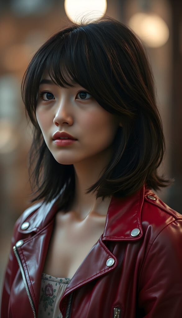 A young East Asian woman with shoulder-length dark brown hair, styled in loose waves, frames her face with a gentle fringe. Her full, plump lips and bright blue eyes sparkle under soft, ambient lighting. She wears a stylish, thin red leather jacket. Her freckles dot her cheeks, adding a touch of whimsy. She gazes to the side, her expression serene and contemplative. The background fades into a blurred, warm-toned bokeh, enhancing the focus on her striking features. Her attire contrasts beautifully with a subtle, floral patterned dress peeking out from beneath the jacket, adding a touch of elegance.