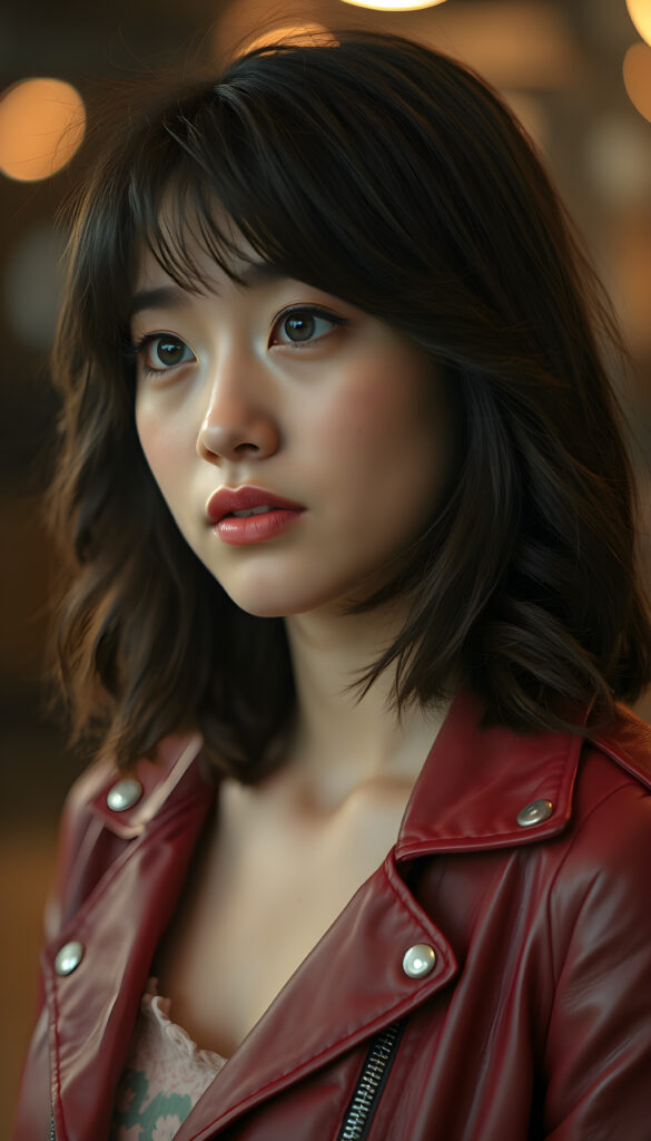 A young East Asian woman with shoulder-length dark brown hair, styled in loose waves, frames her face with a gentle fringe. Her full, plump lips and bright blue eyes sparkle under soft, ambient lighting. She wears a stylish, thin red leather jacket. Her freckles dot her cheeks, adding a touch of whimsy. She gazes to the side, her expression serene and contemplative. The background fades into a blurred, warm-toned bokeh, enhancing the focus on her striking features. Her attire contrasts beautifully with a subtle, floral patterned dress peeking out from beneath the jacket, adding a touch of elegance.
