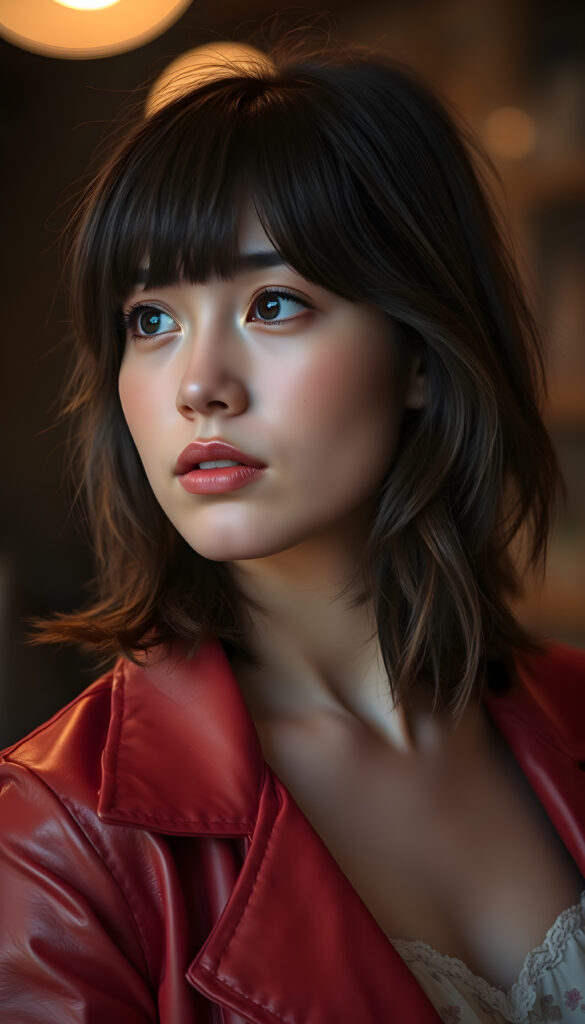 A young East Asian woman with shoulder-length dark brown hair, styled in loose waves, frames her face with a gentle fringe. Her full, plump lips and bright blue eyes sparkle under soft, ambient lighting. She wears a stylish, thin red leather jacket. Her freckles dot her cheeks, adding a touch of whimsy. She gazes to the side, her expression serene and contemplative. The background fades into a blurred, warm-toned bokeh, enhancing the focus on her striking features. Her attire contrasts beautifully with a subtle, floral patterned dress peeking out from beneath the jacket, adding a touch of elegance.