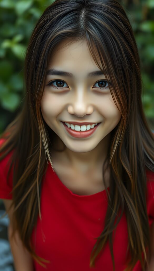 A young Indonesian girl with long, straight hazelnut brown hair and blond highlights. Her lips red. Smile very happy, white teeth. Absolute seductive. Amber round perfect shiny eyes. She wears a fine plain red t-shirt. View from above. She stands in heavy rain in the nature. Wet hair.