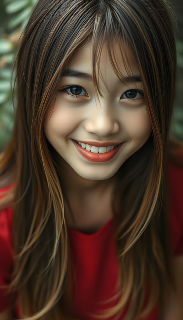 A young Indonesian girl with long, straight hazelnut brown hair and blond highlights. Her lips red. Smile very happy, white teeth. Absolute seductive. Amber round perfect shiny eyes. She wears a fine plain red t-shirt. View from above. She stands in heavy rain in the nature. Wet hair.