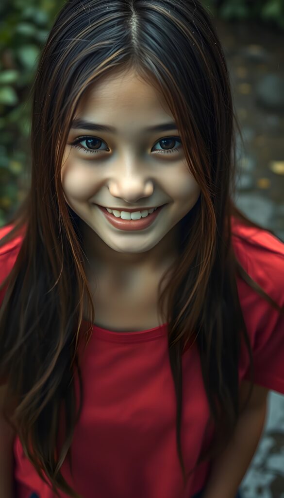 A young Indonesian girl with long, straight hazelnut brown hair and blond highlights. Her lips red. Smile very happy, white teeth. Absolute seductive. Amber round perfect shiny eyes. She wears a fine plain red t-shirt. View from above. She stands in heavy rain in the nature. Wet hair.