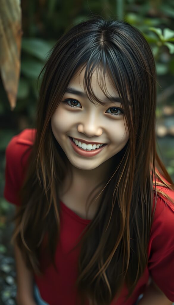 A young Indonesian girl with long, straight hazelnut brown hair and blond highlights. Her lips red. Smile very happy, white teeth. Absolute seductive. Amber round perfect shiny eyes. She wears a fine plain red t-shirt. View from above. She stands in heavy rain in the nature. Wet hair.