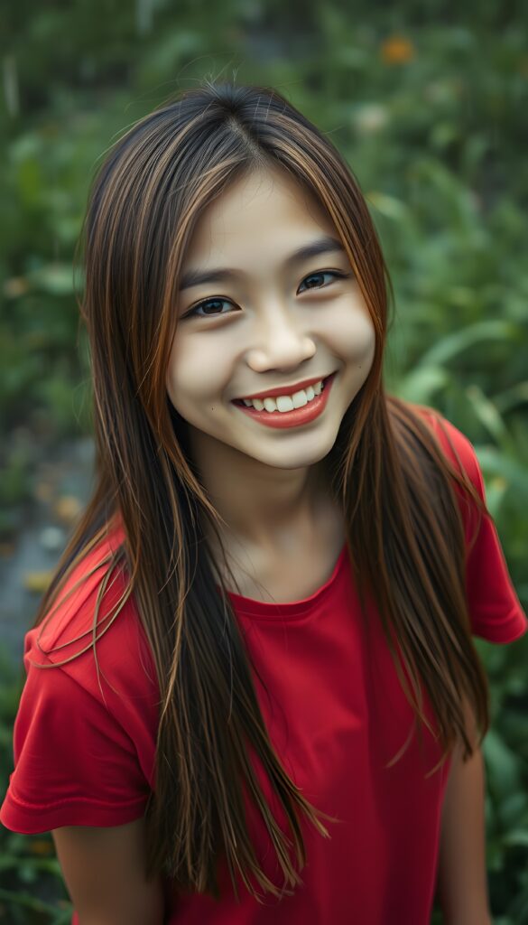 A young Indonesian girl with long, straight hazelnut brown hair and blond highlights. Her lips red. Smile very happy, white teeth. Absolute seductive. Amber round perfect shiny eyes. She wears a fine plain red t-shirt. View from above. She stands in heavy rain in the nature. Wet hair.