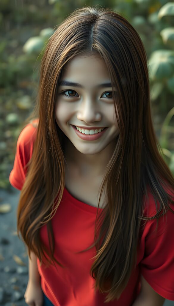 A young Indonesian girl with long, straight hazelnut brown hair and blond highlights. Her lips red. Smile very happy, white teeth. Absolute seductive. Amber round perfect shiny eyes. She wears a fine plain red t-shirt. View from above. She stands in heavy rain in the nature. Wet hair.