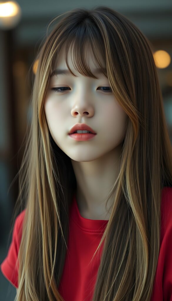 A young Korean girl with long, straight hazelnut brown hair and blond highlights. Her lips are round and red, ready for a kiss. Slightly open mouth. Half closed eyes. She wears a fine plain red t-shirt.