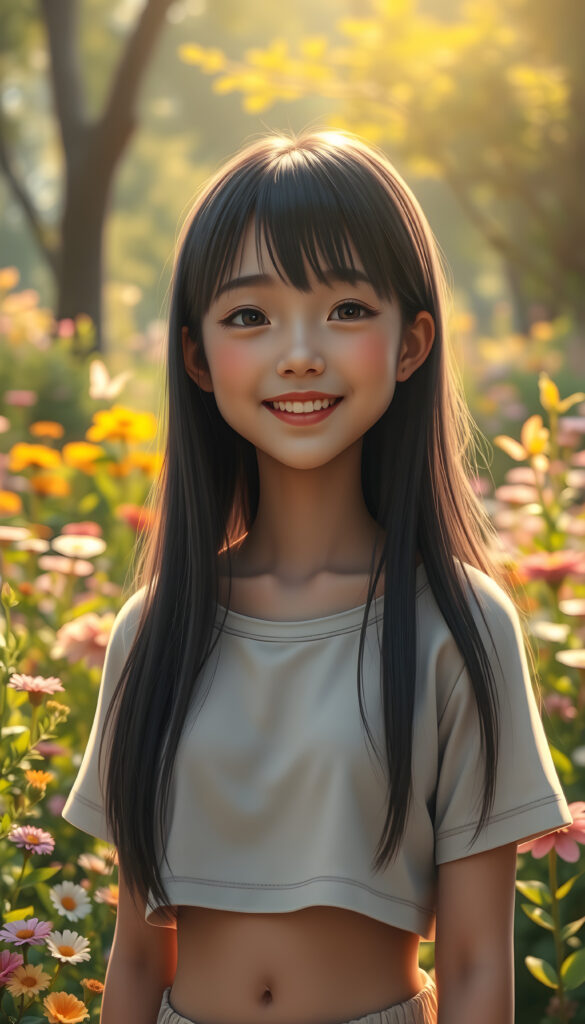 A young Japanese girl with long, sleek black hair that falls in a symmetrical curtain around her face, adorned with subtle light blond highlights, stands in a lush, vibrant park. Her round, radiant face beams with a joyful smile, revealing full, plump lips. She is dressed in a stylish, plain cropped t-shirt that complements the colorful flowers and greenery around her. The scene is bathed in soft, golden sunlight, casting a warm glow that enhances her features and the whimsical atmosphere. The background features a variety of flowers in full bloom, with butterflies fluttering around, adding to the playful and enchanting setting. The image is rendered in a vibrant, realistc style, with a focus on bright colors and dynamic lighting to create a lively and joyful atmosphere.