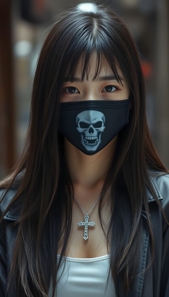 A young Japanese girl wears a silver necklace with a cross, with long super straight dark soft hair, she wears a black face mask with skull flag on it. She is pretty and gentle. She wears a open thin black leather jacket and a white cropped tank top underwear.