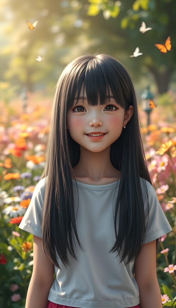 A young Japanese girl with long, sleek black hair that falls in a symmetrical curtain around her face, adorned with subtle light blond highlights, stands in a lush, vibrant park. Her round, radiant face beams with a joyful smile, revealing full, plump lips. She is dressed in a stylish, plain cropped t-shirt that complements the colorful flowers and greenery around her. The scene is bathed in soft, golden sunlight, casting a warm glow that enhances her features and the whimsical atmosphere. The background features a variety of flowers in full bloom, with butterflies fluttering around, adding to the playful and enchanting setting. The image is rendered in a vibrant, realistc style, with a focus on bright colors and dynamic lighting to create a lively and joyful atmosphere.