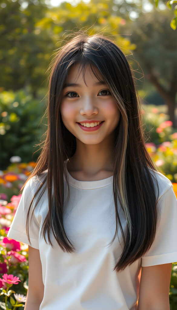 A young Japanese teenage girl with captivating black super straight silky hair same length right and left side, with light blond highlights, round, radiant face. Her eyes are a deep, enchanting black, brimming with warmth and joy. Her smile is radiant, revealing full, plump, and kissable lips that radiate happiness. She stands in a vibrant park, her thin and petite figure dressed in a stylish plain cropped t-shirt, blending seamlessly into the lush greenery and colorful flowers surrounding her. The scene is bathed in soft, golden sunlight, casting a warm glow that accentuates her features and the playful, whimsical atmosphere, front view