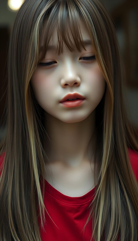 A young Korean girl with long, straight hazelnut brown hair and blond highlights. Her lips are round and red, ready for a kiss. Slightly open mouth. Half closed eyes. She wears a fine plain red t-shirt.