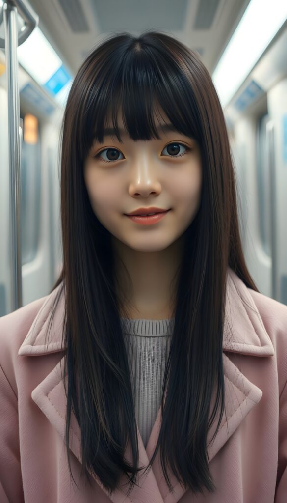 A young cute Korean girl with silky, straight black hair and brown highlights; her long hair falls straight down, round face. She has beautiful, large, dark eyes, a small, snub nose, and thin lips. She looks cheerful and very happy. She is wearing a pink plain open coat, underwear a white sweater. View from the front. Cute. 4k, realistic rendering. She stands alone in a subway station. White neon light.