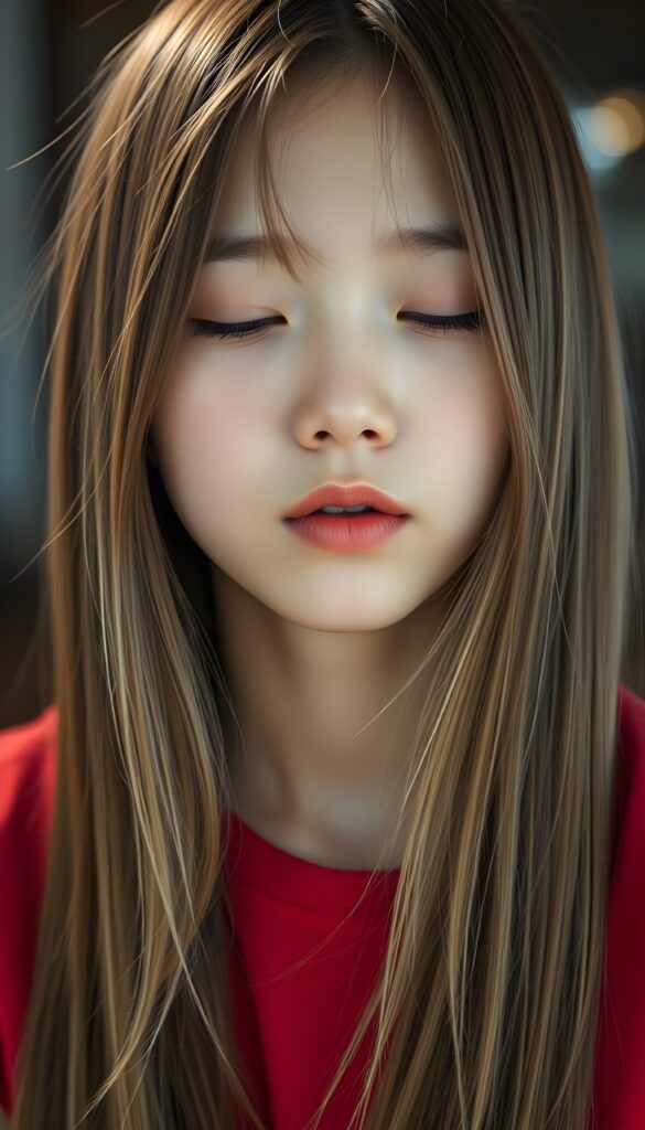 A young Korean girl with long, straight hazelnut brown hair and blond highlights. Her lips are round and red, ready for a kiss. Slightly open mouth. Half closed eyes. She wears a fine plain red t-shirt.