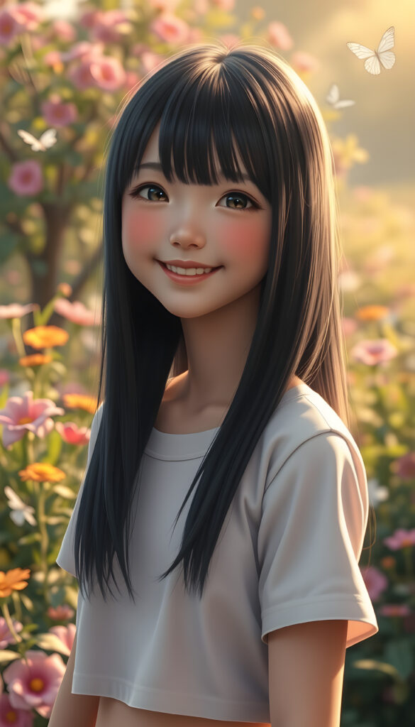 A young Japanese girl with long, sleek black hair that falls in a symmetrical curtain around her face, adorned with subtle light blond highlights, stands in a lush, vibrant park. Her round, radiant face beams with a joyful smile, revealing full, plump lips. She is dressed in a stylish, plain cropped t-shirt that complements the colorful flowers and greenery around her. The scene is bathed in soft, golden sunlight, casting a warm glow that enhances her features and the whimsical atmosphere. The background features a variety of flowers in full bloom, with butterflies fluttering around, adding to the playful and enchanting setting. The image is rendered in a vibrant, realistc style, with a focus on bright colors and dynamic lighting to create a lively and joyful atmosphere.