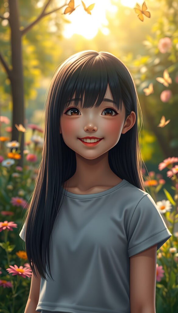A young Japanese girl with long, sleek black hair that falls in a symmetrical curtain around her face, adorned with subtle light blond highlights, stands in a lush, vibrant park. Her round, radiant face beams with a joyful smile, revealing full, plump lips. She is dressed in a stylish, plain cropped t-shirt that complements the colorful flowers and greenery around her. The scene is bathed in soft, golden sunlight, casting a warm glow that enhances her features and the whimsical atmosphere. The background features a variety of flowers in full bloom, with butterflies fluttering around, adding to the playful and enchanting setting. The image is rendered in a vibrant, realistc style, with a focus on bright colors and dynamic lighting to create a lively and joyful atmosphere.