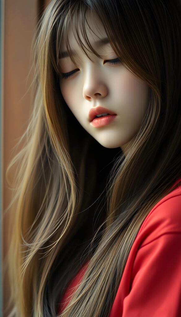 A young Korean girl with long, straight hazelnut brown hair and blond highlights. Her lips are round and red, ready for a kiss. Slightly open mouth. Half closed eyes. She wears a fine plain red t-shirt.