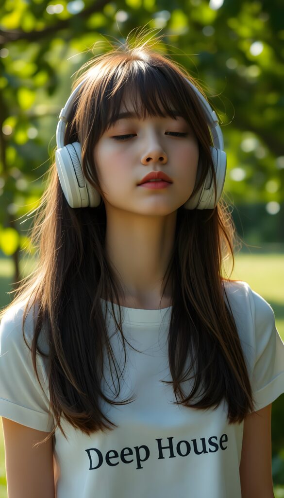 A young teen girl with soft, straight brown shoulder-long hair and blond highlights wears large wireless headphones and listens to music with her eyes closed. The sun shines on her flawless face. Green natural background in a park. Peaceful. She wears a white thin T-shirt with the words “Deep House” printed on it. Front view.