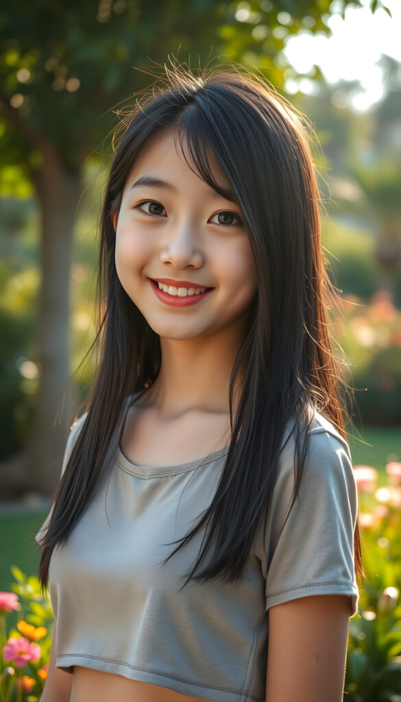 A young Japanese teenage girl with captivating black super straight silky hair same length right and left side, with light blond highlights, round, radiant face. Her eyes are a deep, enchanting black, brimming with warmth and joy. Her smile is radiant, revealing full, plump, and kissable lips that radiate happiness. She stands in a vibrant park, her thin and petite figure dressed in a stylish plain cropped t-shirt, blending seamlessly into the lush greenery and colorful flowers surrounding her. The scene is bathed in soft, golden sunlight, casting a warm glow that accentuates her features and the playful, whimsical atmosphere, front view