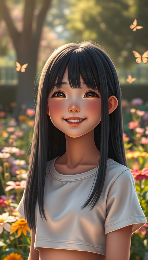 A young Japanese girl with long, sleek black hair that falls in a symmetrical curtain around her face, adorned with subtle light blond highlights, stands in a lush, vibrant park. Her round, radiant face beams with a joyful smile, revealing full, plump lips. She is dressed in a stylish, plain cropped t-shirt that complements the colorful flowers and greenery around her. The scene is bathed in soft, golden sunlight, casting a warm glow that enhances her features and the whimsical atmosphere. The background features a variety of flowers in full bloom, with butterflies fluttering around, adding to the playful and enchanting setting. The image is rendered in a vibrant, realistc style, with a focus on bright colors and dynamic lighting to create a lively and joyful atmosphere.