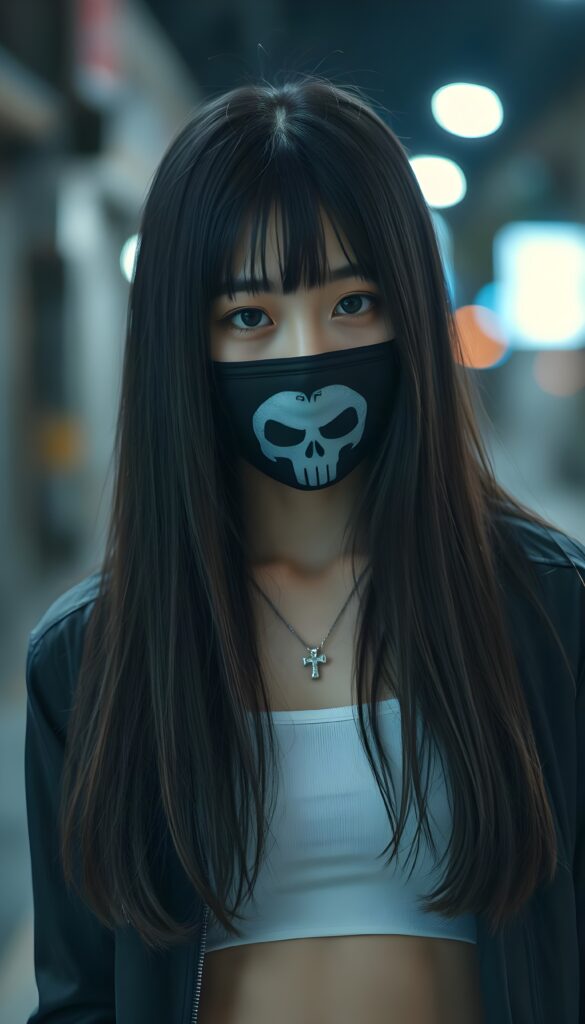 A young Japanese girl wears a silver necklace with a cross, with long super straight dark soft hair, she wears a black face mask with skull flag on it. She is pretty and gentle. She wears a open thin black leather jacket and a white cropped tank top underwear.