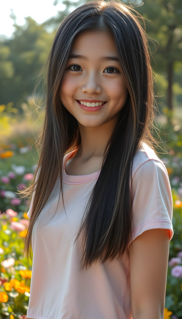 A young Japanese teenage girl with captivating black super straight silky hair same length right and left side, with light blond highlights, round, radiant face. Her eyes are a deep, enchanting black, brimming with warmth and joy. Her smile is radiant, revealing full, plump, and kissable lips that radiate happiness. She stands in a vibrant park, her thin and petite figure dressed in a stylish plain cropped t-shirt, blending seamlessly into the lush greenery and colorful flowers surrounding her. The scene is bathed in soft, golden sunlight, casting a warm glow that accentuates her features and the playful, whimsical atmosphere, front view