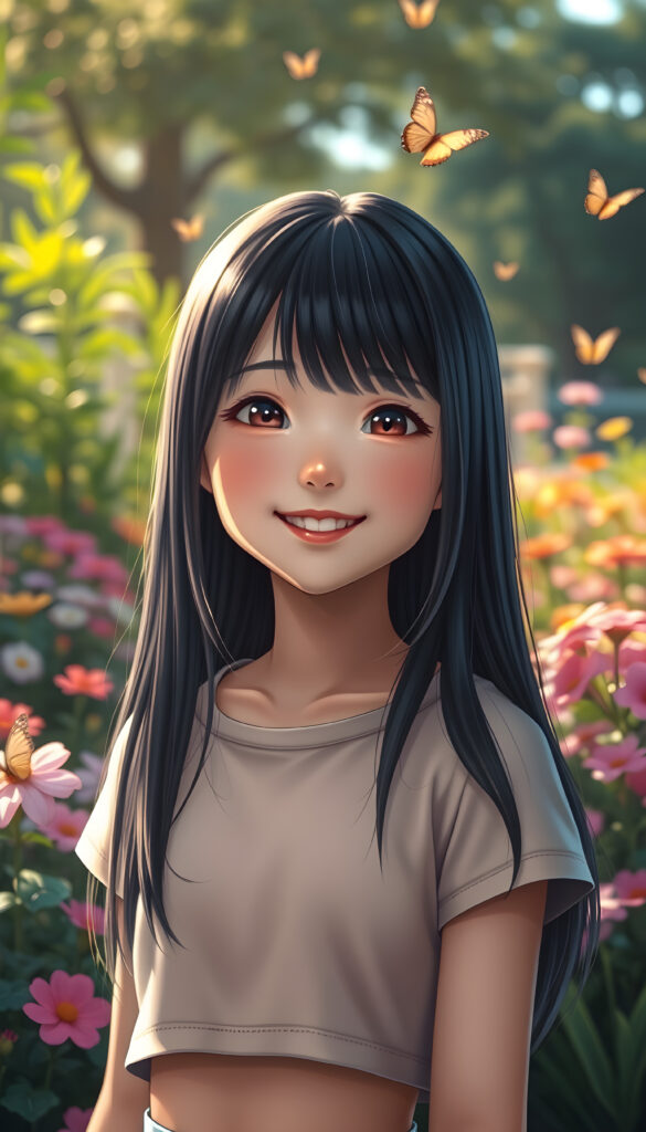 A young Japanese girl with long, sleek black hair that falls in a symmetrical curtain around her face, adorned with subtle light blond highlights, stands in a lush, vibrant park. Her round, radiant face beams with a joyful smile, revealing full, plump lips. She is dressed in a stylish, plain cropped t-shirt that complements the colorful flowers and greenery around her. The scene is bathed in soft, golden sunlight, casting a warm glow that enhances her features and the whimsical atmosphere. The background features a variety of flowers in full bloom, with butterflies fluttering around, adding to the playful and enchanting setting. The image is rendered in a vibrant, realistc style, with a focus on bright colors and dynamic lighting to create a lively and joyful atmosphere.
