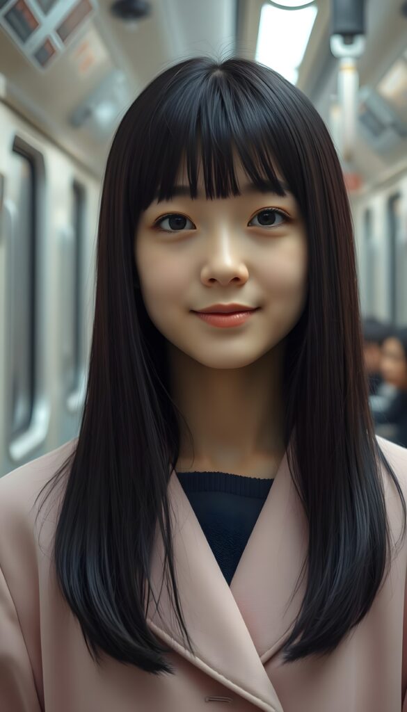 A young cute Korean girl with silky, straight black hair and brown highlights; her long hair falls straight down, round face. She has beautiful, large, dark eyes, a small, snub nose, and thin lips. She looks cheerful and very happy. She is wearing a pink plain open coat, underwear a white sweater. View from the front. Cute. 4k, realistic rendering. She stands alone in a subway station. White neon light.