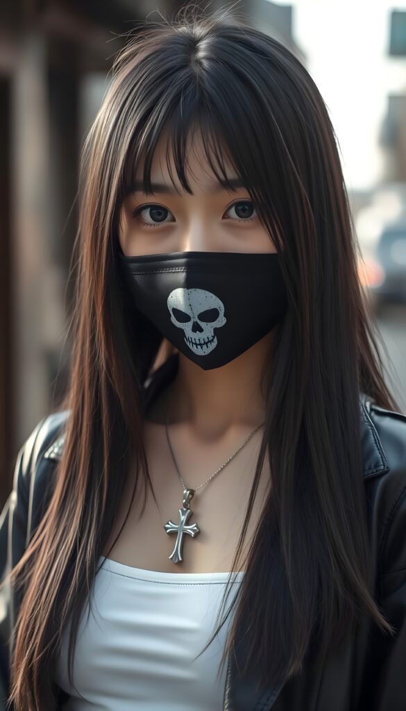 A young Japanese girl wears a silver necklace with a cross, with long super straight dark soft hair, she wears a black face mask with skull flag on it. She is pretty and gentle. She wears a open thin black leather jacket and a white cropped tank top underwear.