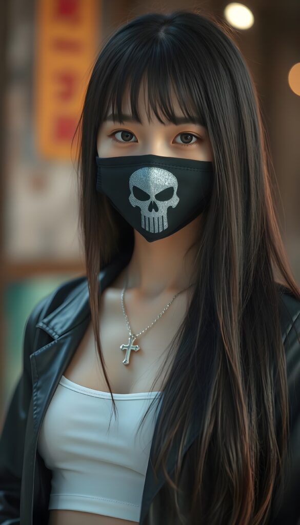 A young Japanese girl wears a silver necklace with a cross, with long super straight dark soft hair, she wears a black face mask with skull flag on it. She is pretty and gentle. She wears a open thin black leather jacket and a white cropped tank top underwear.