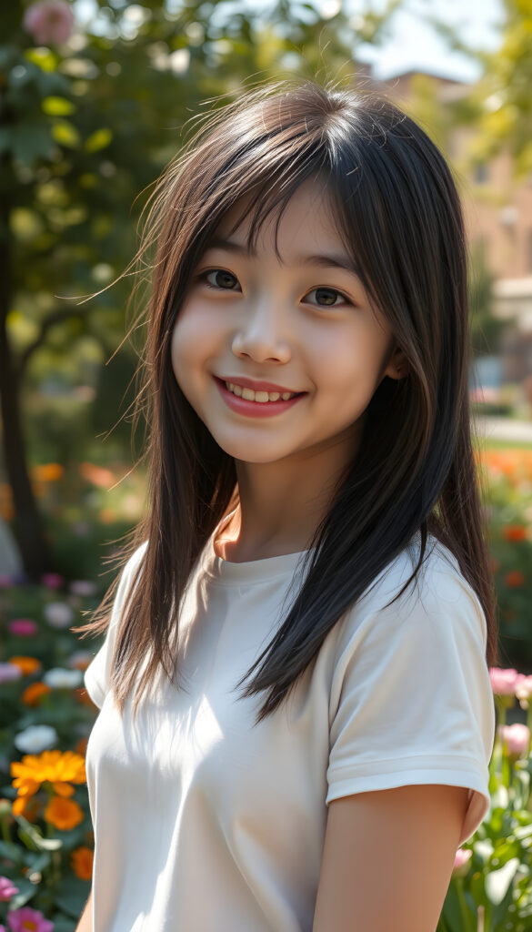 A young Japanese teenage girl with captivating black super straight silky hair same length right and left side, with light blond highlights, round, radiant face. Her eyes are a deep, enchanting black, brimming with warmth and joy. Her smile is radiant, revealing full, plump, and kissable lips that radiate happiness. She stands in a vibrant park, her thin and petite figure dressed in a stylish plain cropped t-shirt, blending seamlessly into the lush greenery and colorful flowers surrounding her. The scene is bathed in soft, golden sunlight, casting a warm glow that accentuates her features and the playful, whimsical atmosphere, front view