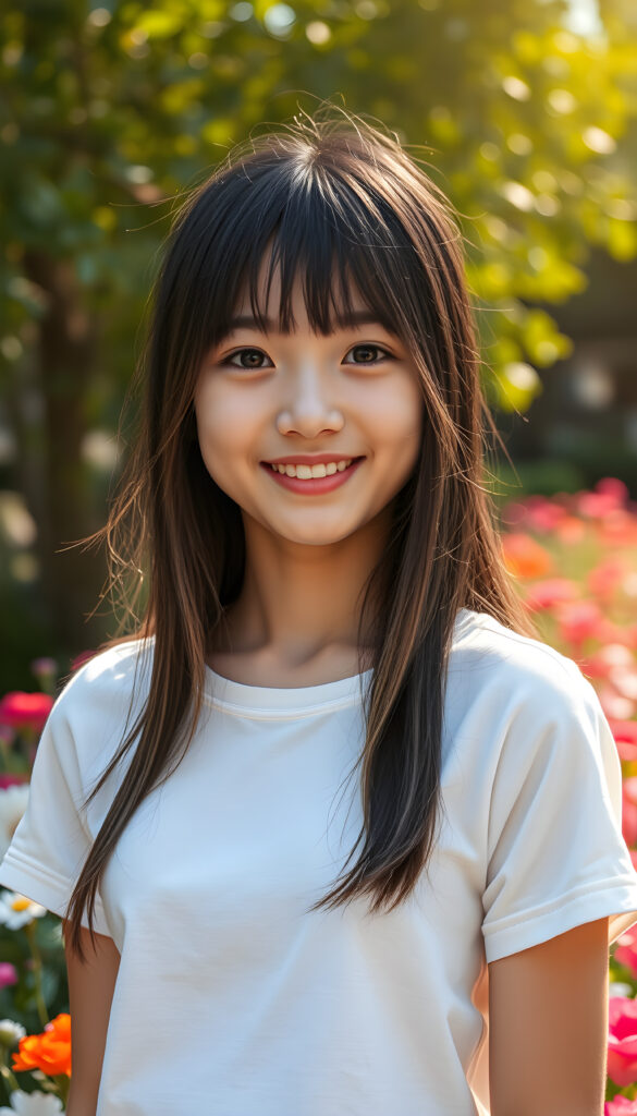 A young Japanese teenage girl with captivating black super straight silky hair same length right and left side, with light blond highlights, round, radiant face. Her eyes are a deep, enchanting black, brimming with warmth and joy. Her smile is radiant, revealing full, plump, and kissable lips that radiate happiness. She stands in a vibrant park, her thin and petite figure dressed in a stylish plain cropped t-shirt, blending seamlessly into the lush greenery and colorful flowers surrounding her. The scene is bathed in soft, golden sunlight, casting a warm glow that accentuates her features and the playful, whimsical atmosphere, front view