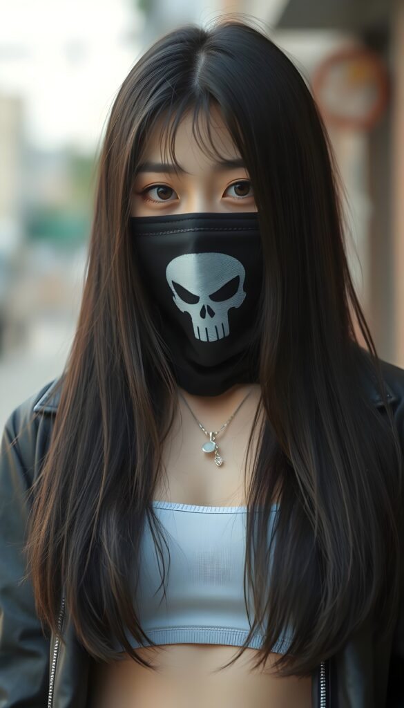 A young Japanese girl wears a silver necklace with a cross, with long super straight dark soft hair, she wears a black face mask with skull flag on it. She is pretty and gentle. She wears a open thin black leather jacket and a white cropped tank top underwear.