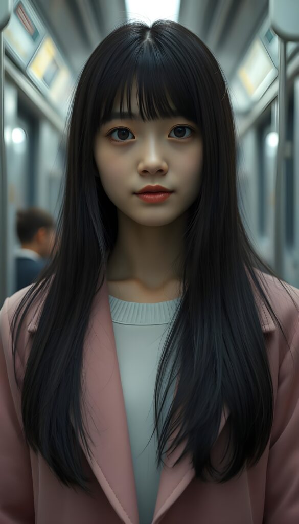 A young cute Korean girl with silky, straight black hair and brown highlights; her long hair falls straight down, round face. She has beautiful, large, dark eyes, a small, snub nose, and thin lips. She looks cheerful and very happy. She is wearing a pink plain open coat, underwear a white sweater. View from the front. Cute. 4k, realistic rendering. She stands alone in a subway station. White neon light.
