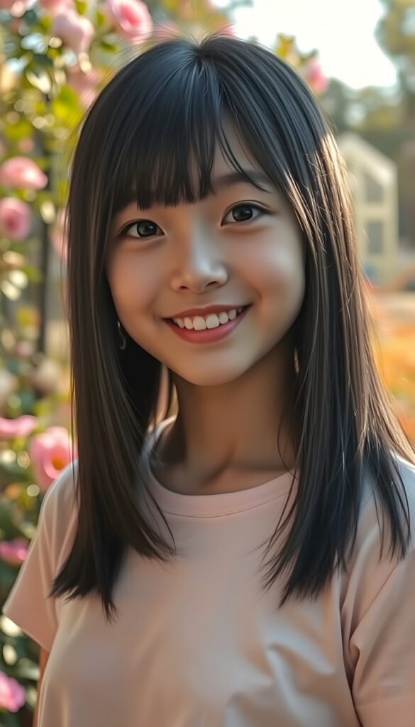 A young Japanese teenage girl with captivating black super straight silky hair same length right and left side, with light blond highlights, round, radiant face. Her eyes are a deep, enchanting black, brimming with warmth and joy. Her smile is radiant, revealing full, plump, and kissable lips that radiate happiness. She stands in a vibrant park, her thin and petite figure dressed in a stylish plain cropped t-shirt, blending seamlessly into the lush greenery and colorful flowers surrounding her. The scene is bathed in soft, golden sunlight, casting a warm glow that accentuates her features and the playful, whimsical atmosphere, front view