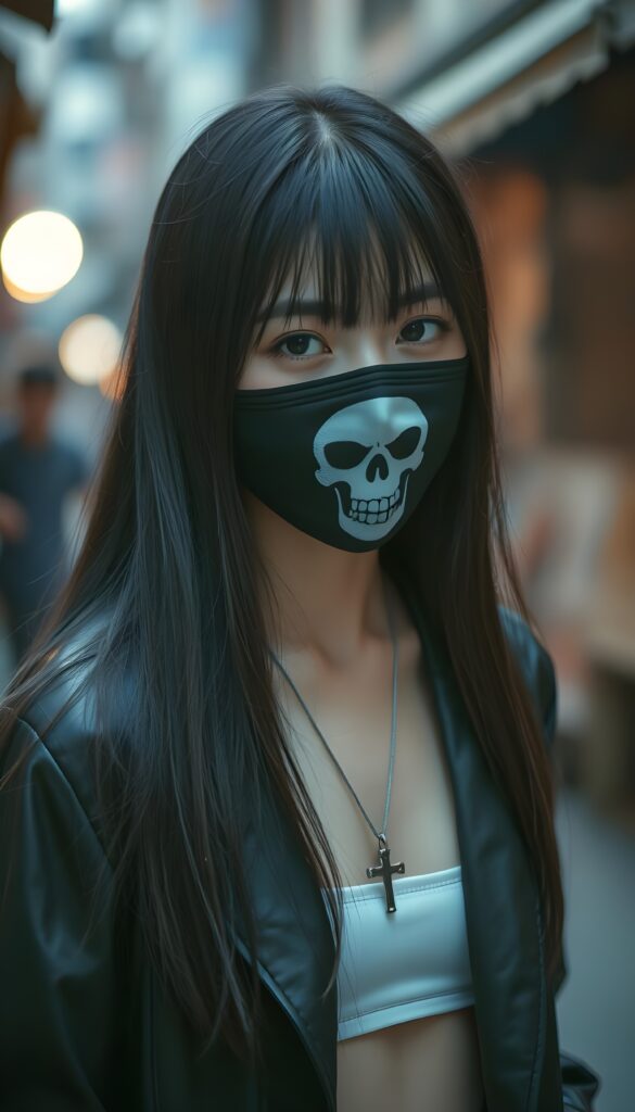 A young Japanese girl wears a silver necklace with a cross, with long super straight dark soft hair, she wears a black face mask with skull flag on it. She is pretty and gentle. She wears a open thin black leather jacket and a white cropped tank top underwear.