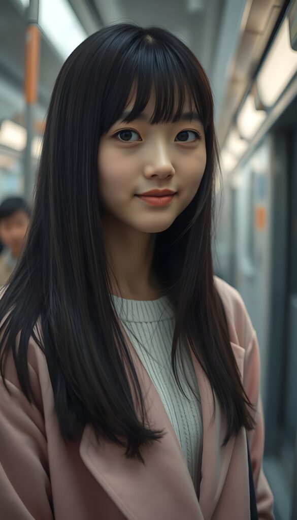 A young cute Korean girl with silky, straight black hair and brown highlights; her long hair falls straight down, round face. She has beautiful, large, dark eyes, a small, snub nose, and thin lips. She looks cheerful and very happy. She is wearing a pink plain open coat, underwear a white sweater. View from the front. Cute. 4k, realistic rendering. She stands alone in a subway station. White neon light.