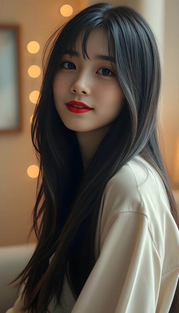 A young Korean teen girl with a pale complexion, long straight black soft and slightly wavy hair cascading over her shoulders, and expressive black eyes shines with a gentle, endearing smile. Her dark red lipstick adds a pop of color to her face, which is meticulously detailed, highlighting her beauty. The scene is set in a cozy, softly room, with a backdrop of warm, golden hues and soft, ambient light creating a dreamy atmosphere. The image captures her from a slightly lower angle, emphasizing her graceful posture and the serene, innocent charm of her teenage years. The composition is both intimate and flattering, showcasing her natural beauty and the subtle play of light on her features, making the image captivating and memorable.